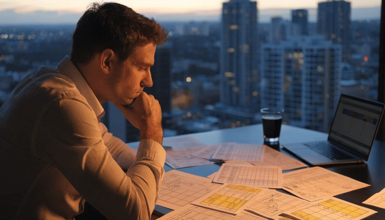 Australian bookmaker reviewing betting reviews in a modern office.