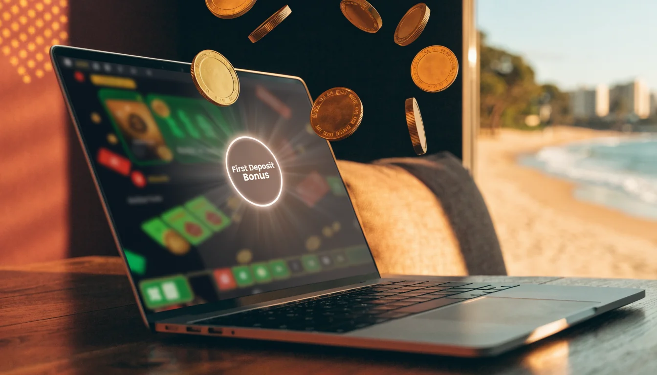 Laptop showing casino game with bonus coins and Australian beach background