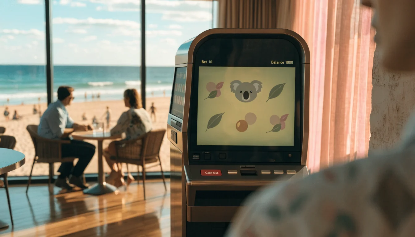 Australian beach casino lounge with low‑volatility slot machine