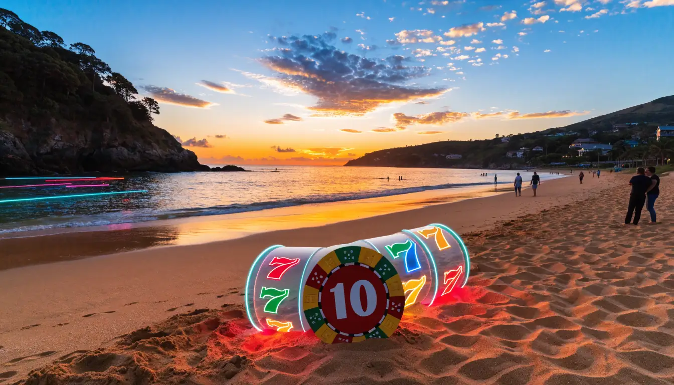 Australian beach sunset with casino chip and slot machine reel