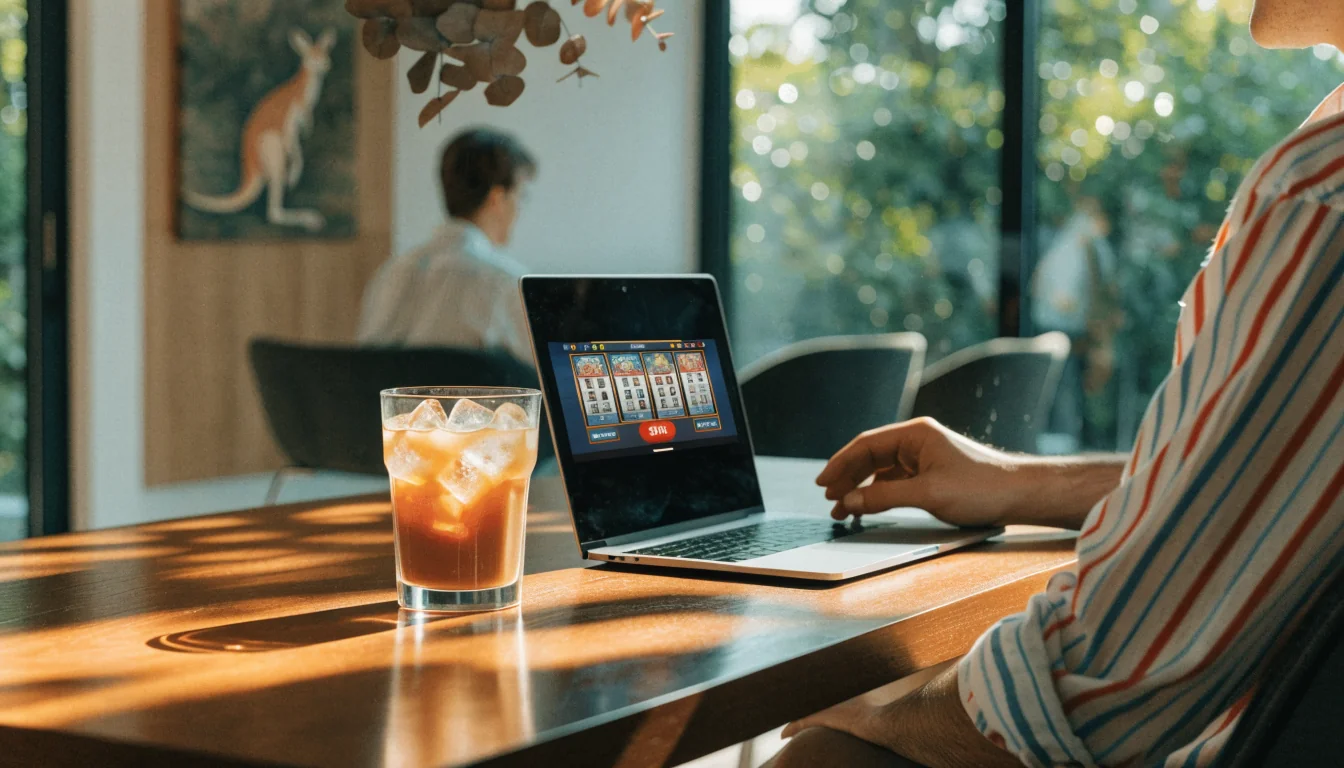Australian lounge with laptop showing slot game