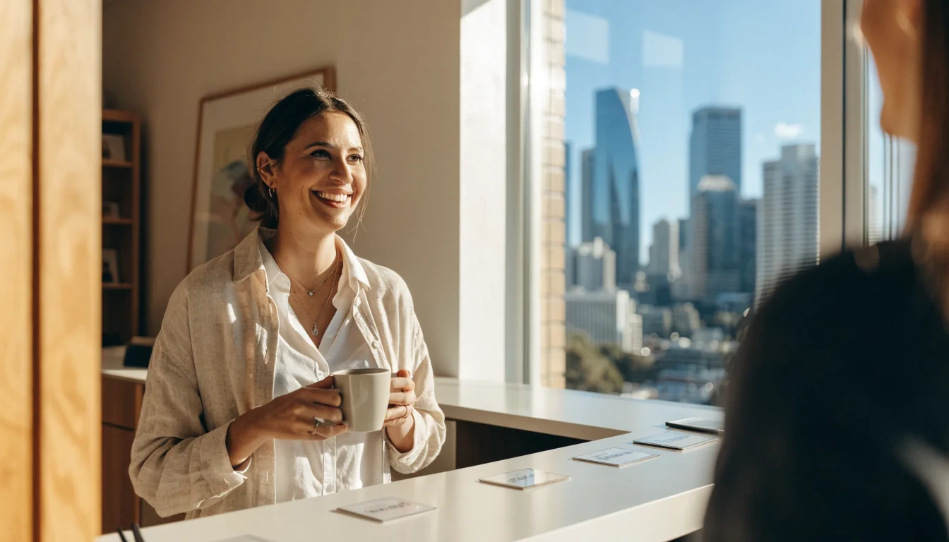 Australian office reception with smiling staff and city view