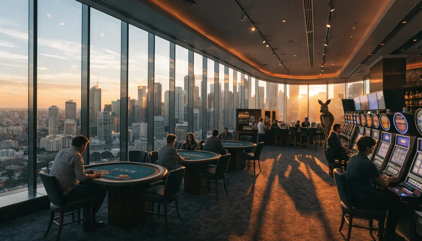 Australian casino lounge with Sydney skyline and kangaroo mascot