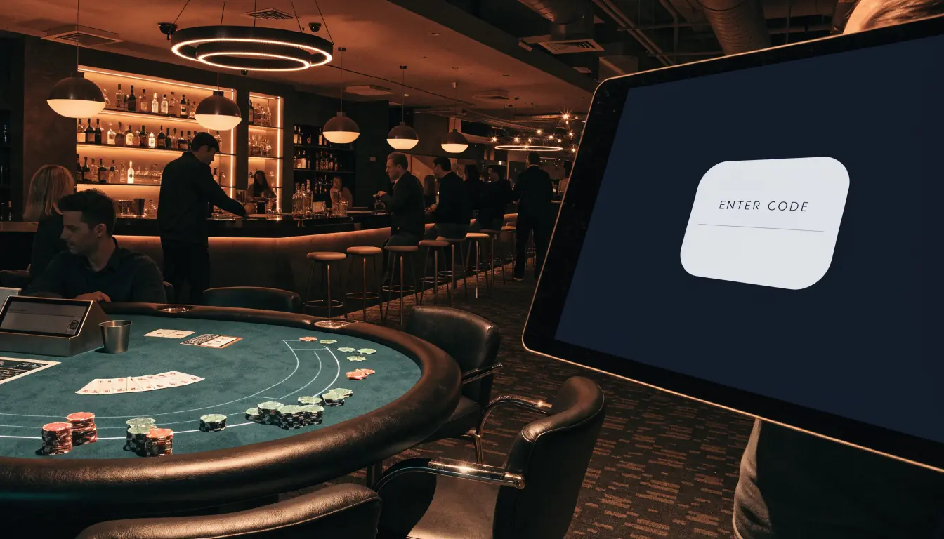 Australian casino interior with code entry screen and neon lights