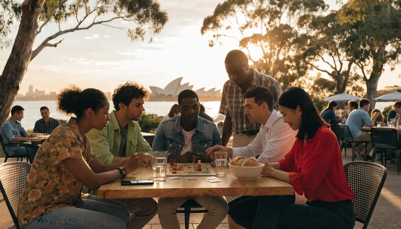 Australian café at sunset with people playing a board game responsibly