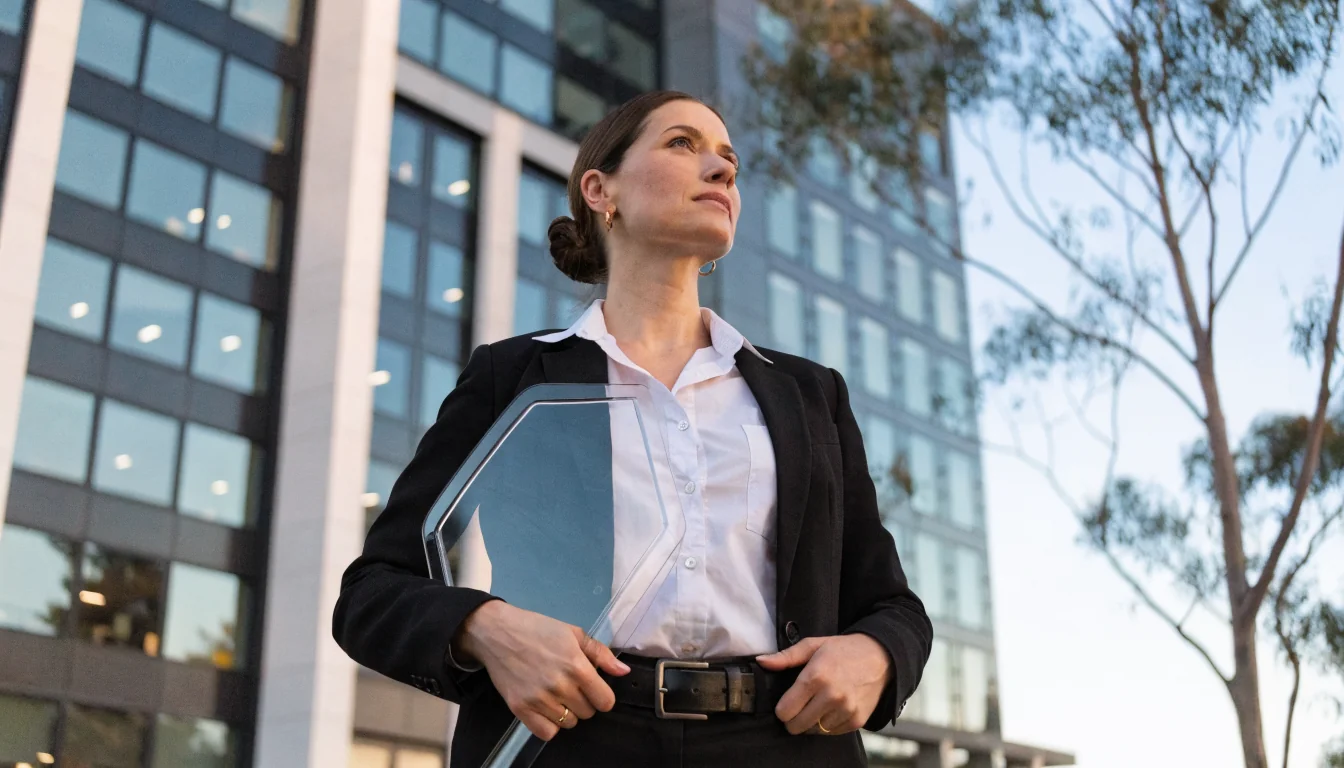 Australian woman with data protection shield in front of office